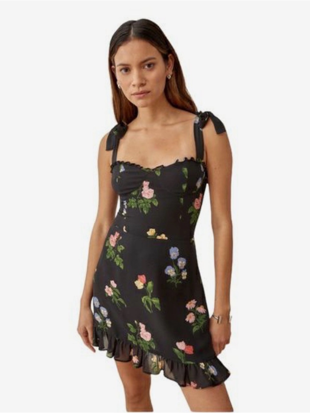 Reformation Black Floral Tie-Strap Ruffle Mini Dress